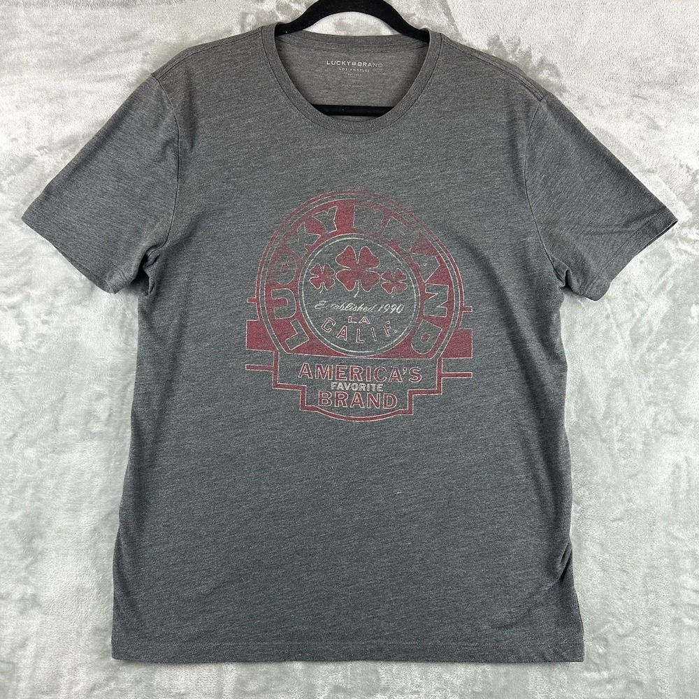 Lucky Brand T-Shirt Men's M Gray Red Clover Logo "America's Favorite Brand"